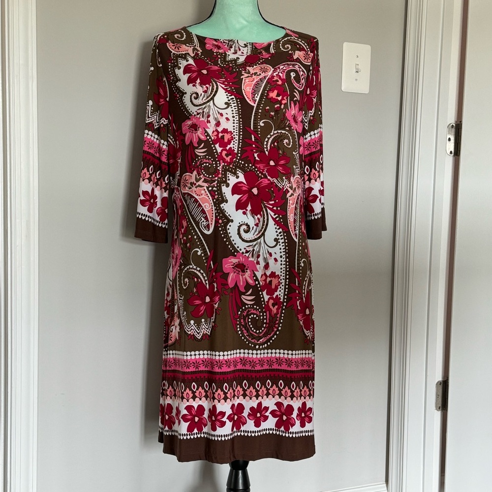 Susan Lawrence Brown and Pink Floral Long Sleeve Dress